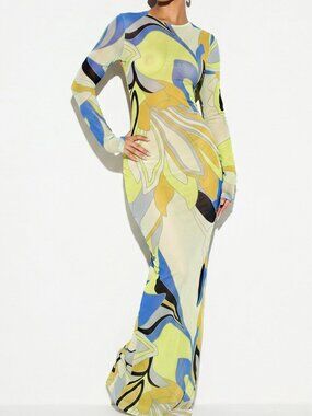 Baby Blue Casual Women's Printed Mesh Sheer Long Sleeve Cover Up Maxi Dress